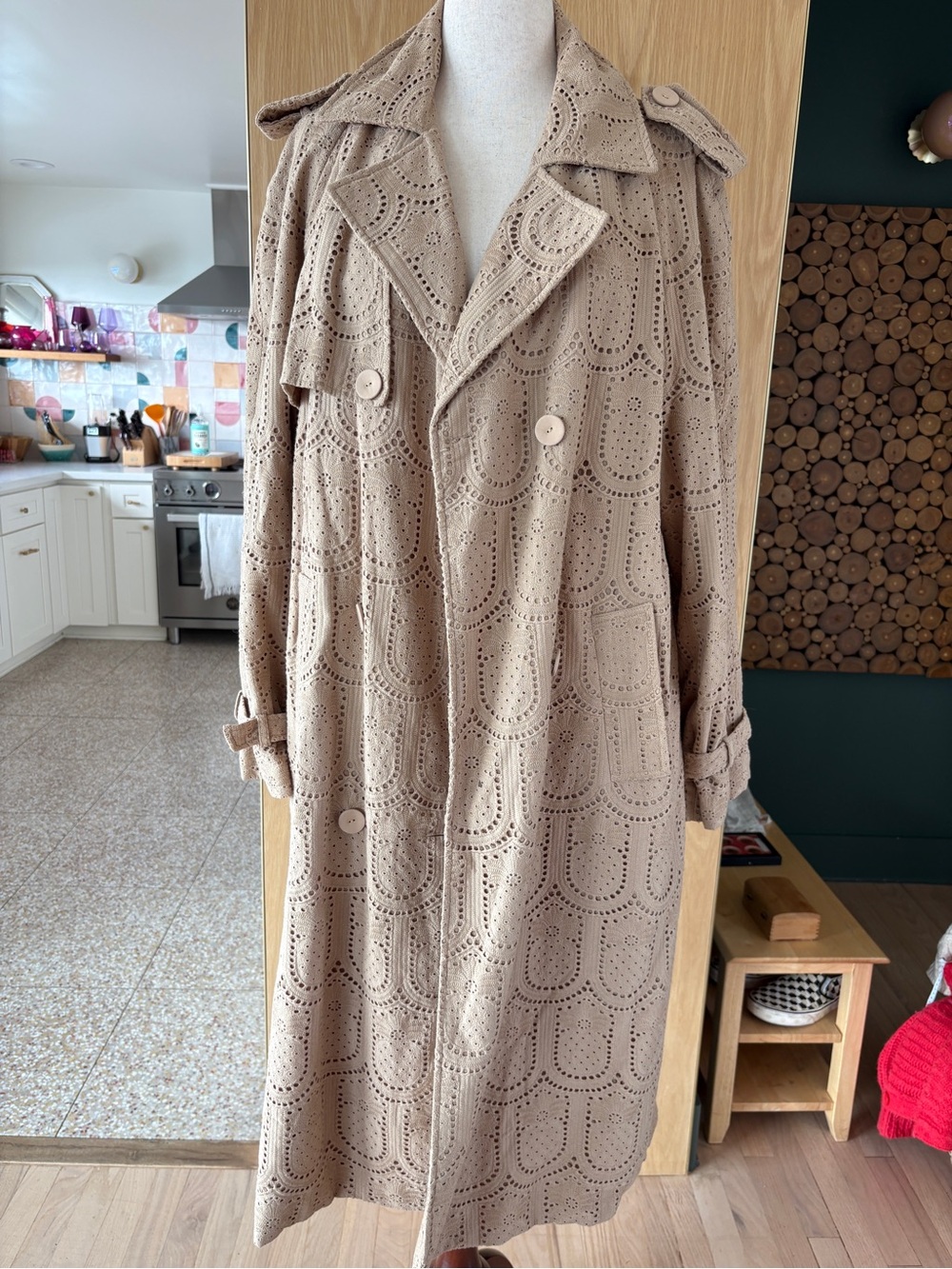 FARM Rio Beige Laser-Cut Eyelet Trench Coat